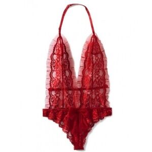 Adore Me Sierra Mesh Ruffle & Bow Floral Lace Sheer Teddy Raspberry Wine Red 3XL